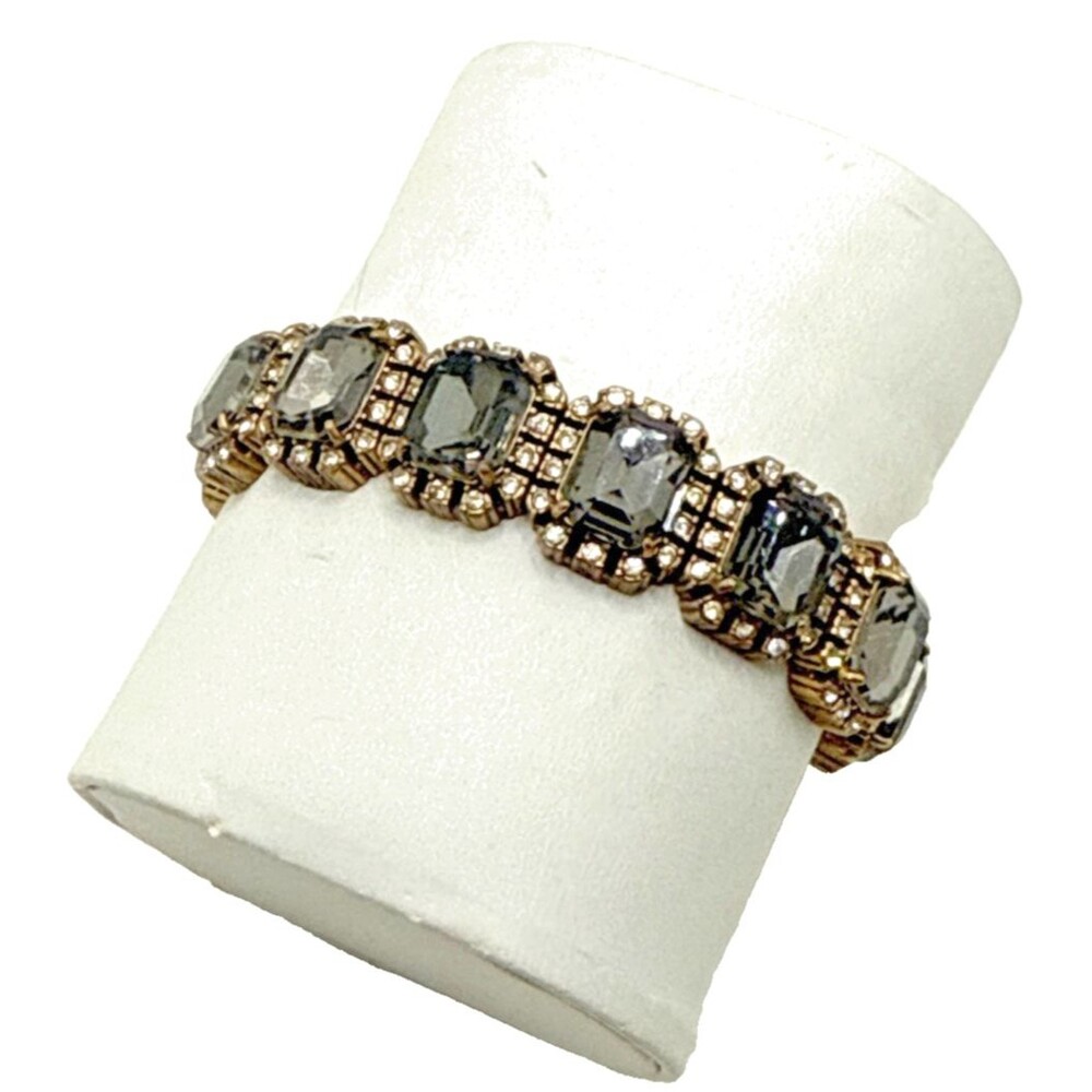 J CREW CRYSTAL BORDERS Bracelet Smoky Gray Clear Rhinestone Ornate Stretch Cuff